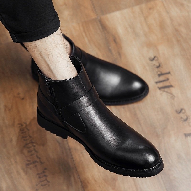 Zipper Pointed British Style High-top Large Size Leather Boots - Image 3