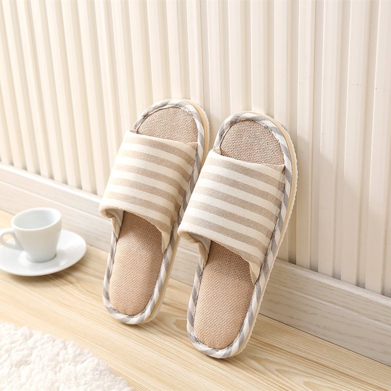 Striped Linen Four Seasons Indoor Slippers Cotton Linen Couple Non Slip Soft Bottom Home Wooden Floor Slippers - Image 4