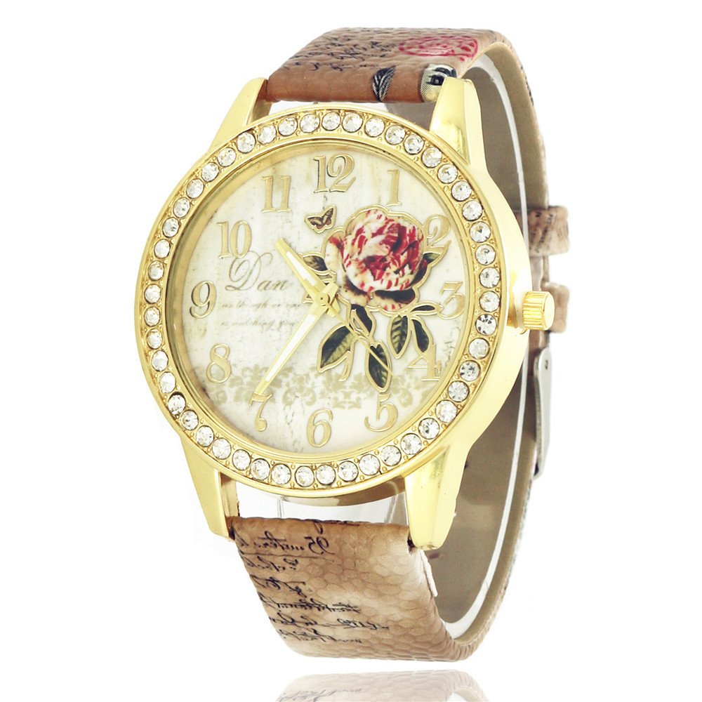 Diamond-inlaid Gold Case Rose Pattern Fashion Quartz Watch - Image 9