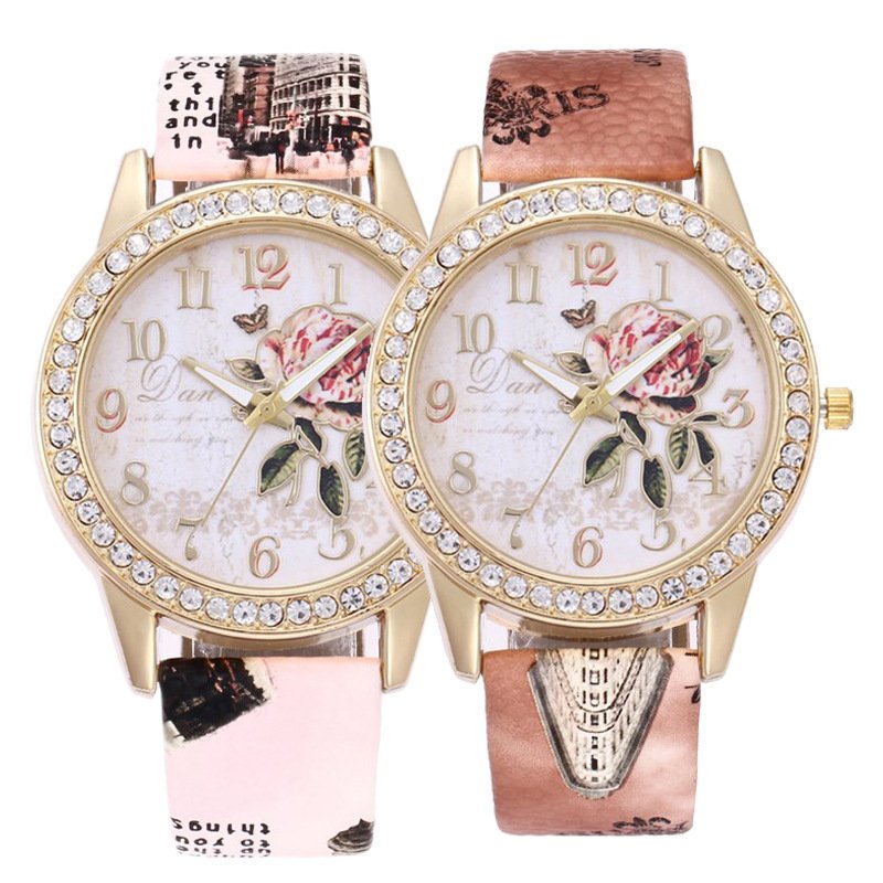 Diamond-inlaid Gold Case Rose Pattern Fashion Quartz Watch