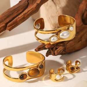 Stainless Steel Inlaid With Natural Stone Tiger Eye Wide Face Bracelet