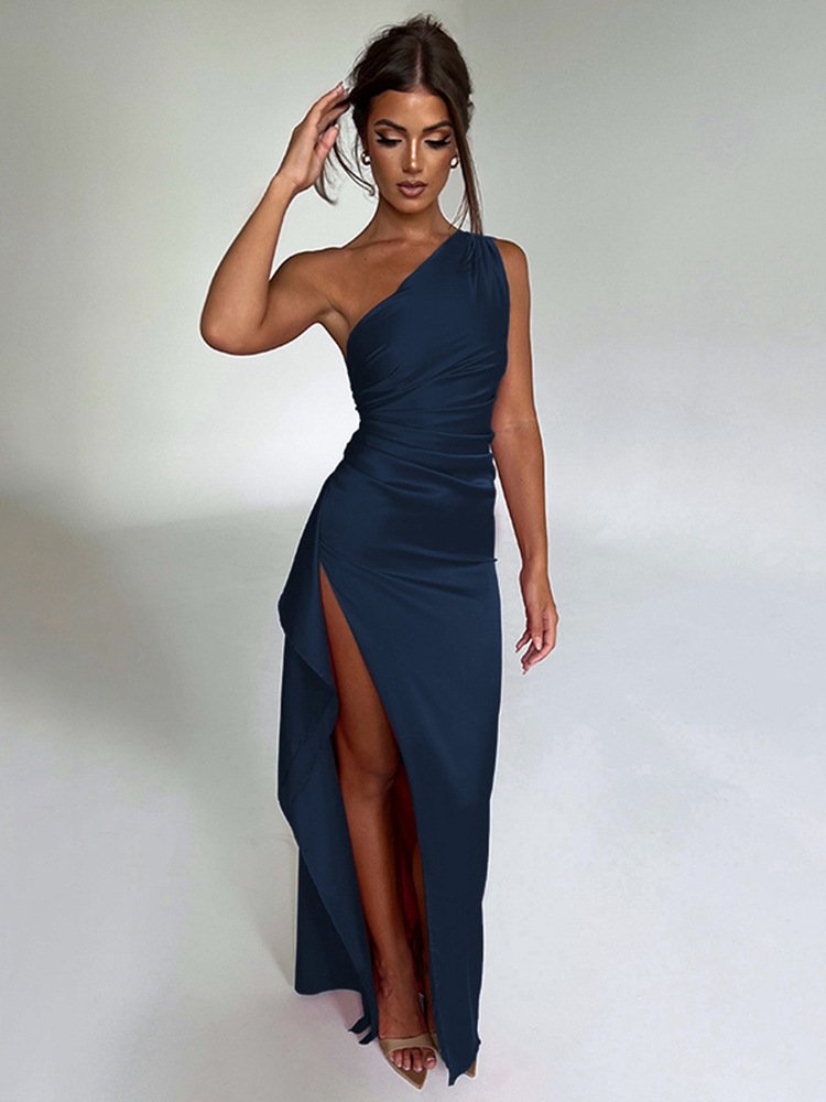 Slim-fit Solid Color One-shoulder Pleated Split Satin Dress - Image 8