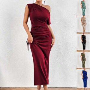 Off-shoulder One-shoulder Slim-fit Pleated Maxi Dress