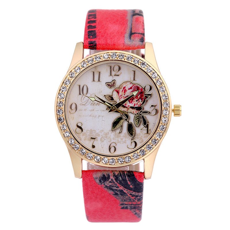 Diamond-inlaid Gold Case Rose Pattern Fashion Quartz Watch - Image 4