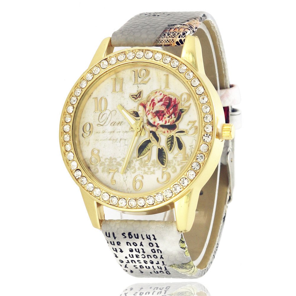 Diamond-inlaid Gold Case Rose Pattern Fashion Quartz Watch - Image 8