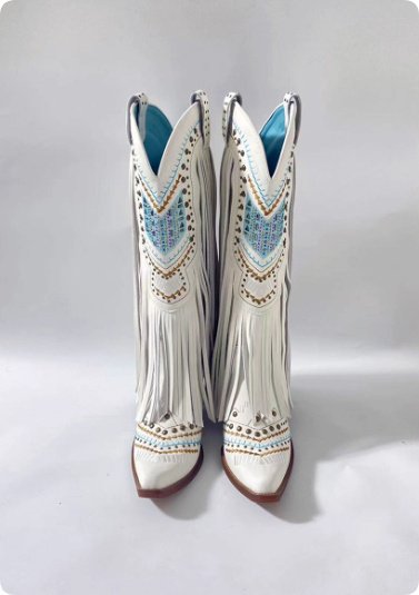 Retro Embroidered Rhinestone Slip-on Tassel Boots For Women - Image 2