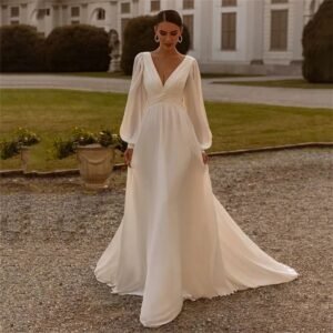 Bridal Chiffon Deep V Satin Long Sleeve Light Yarn Gown