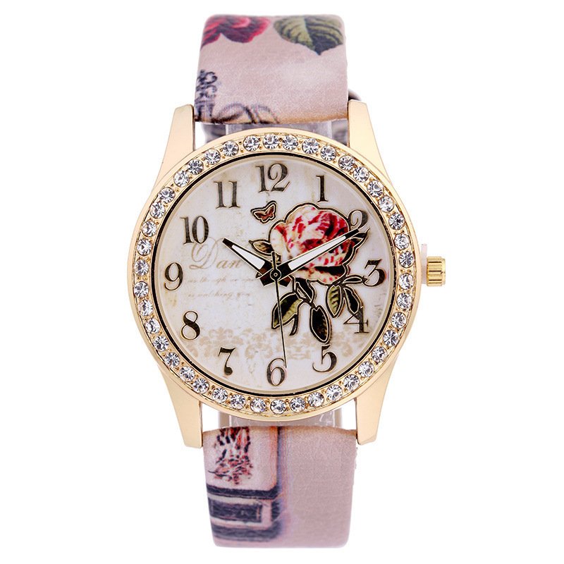 Diamond-inlaid Gold Case Rose Pattern Fashion Quartz Watch - Image 5