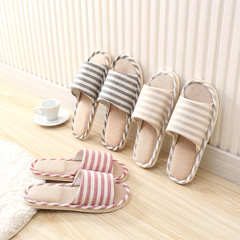 Striped Linen Four Seasons Indoor Slippers Cotton Linen Couple Non Slip Soft Bottom Home Wooden Floor Slippers - Image 7
